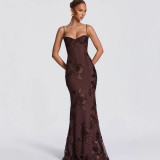 New European and American autumn style three-dimensional embroidered backless cross-strap long dress with exquisite floral embroidery for banquets