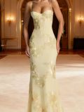 New European and American autumn style three-dimensional embroidered backless cross-strap long dress with exquisite floral embroidery for banquets