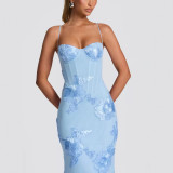 New European and American autumn style three-dimensional embroidered backless cross-strap long dress with exquisite floral embroidery for banquets