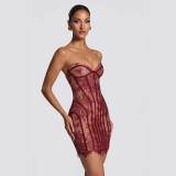 New European and American style lace tight-fitting tube dress with exquisite crochet details, slim-fit short skirt, high-waisted, slimming A-line dress