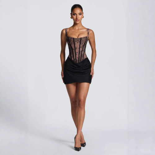 New European and American style lace patchwork draped strap slim-fit dress with floral lace straps and waist-cinching short skirt