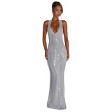 Deep V Sleeveless Halter Neck Dress for Women, Summer Sequin Backless Waist-Cinching Bodycon Dress, Vacation Style Dress