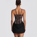 New European and American style lace patchwork draped strap slim-fit dress with floral lace straps and waist-cinching short skirt