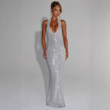 Deep V Sleeveless Halter Neck Dress for Women, Summer Sequin Backless Waist-Cinching Bodycon Dress, Vacation Style Dress