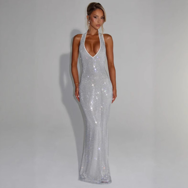 Deep V Sleeveless Halter Neck Dress for Women, Summer Sequin Backless Waist-Cinching Bodycon Dress, Vacation Style Dress