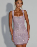 Rhinestone embellished solid color camisole dress for women, winter sexy backless sleeveless elegant waist-cinching dress, holiday style dress