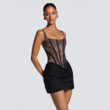 New European and American style lace patchwork draped strap slim-fit dress with floral lace straps and waist-cinching short skirt