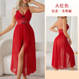 Cross-border European and American lace sexy nightdress with deep V-neck, see-through mesh, high slit, skin-friendly, available in multiple colors 681