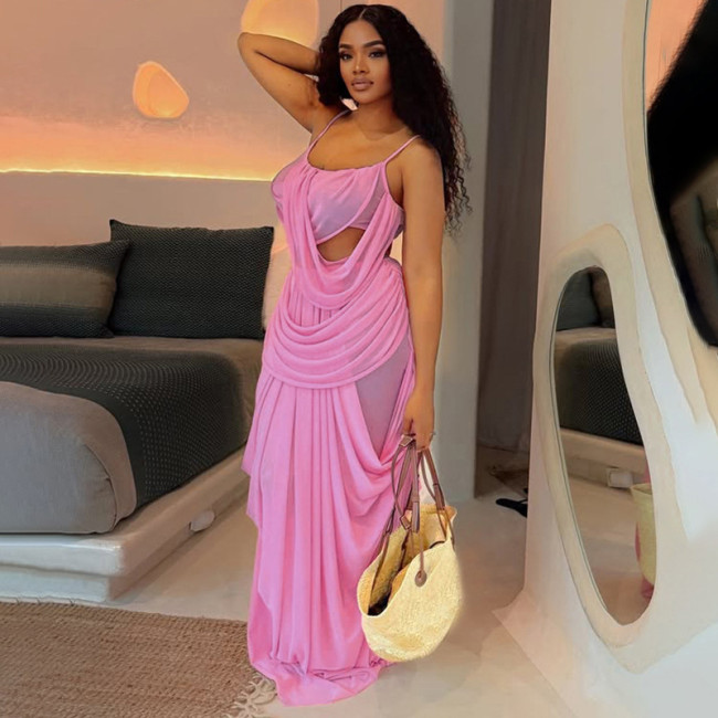 European and American style summer new cross-border holiday style solid color mesh splicing camisole slim-fit skirt set for women