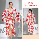 European and American style sexy nightgown with red floral print, four-way stretch, tie-waist, long cardigan, home wear 1139