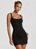 New European and American style square-neck sleeveless high-waisted short dress with tie straps, slim fit, elegant design, and three-dimensional pleated bodycon design
