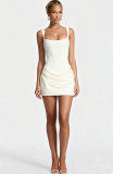 New European and American style square-neck sleeveless high-waisted short dress with tie straps, slim fit, elegant design, and three-dimensional pleated bodycon design
