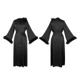 Luxury satin robe with fluffy cuffs, long style with tie, women's home wear, available in multiple colors 1141