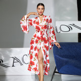 European and American style sexy nightgown with red floral print, four-way stretch, tie-waist, long cardigan, home wear 1139