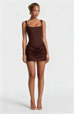 New European and American style square-neck sleeveless high-waisted short dress with tie straps, slim fit, elegant design, and three-dimensional pleated bodycon design