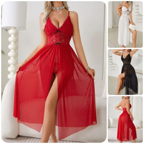 Cross-border European and American lace sexy nightdress with deep V-neck, see-through mesh, high slit, skin-friendly, available in multiple colors 681