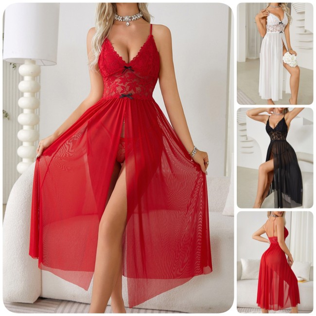 Cross-border European and American lace sexy nightdress with deep V-neck, see-through mesh, high slit, skin-friendly, available in multiple colors 681