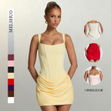 New European and American style square-neck sleeveless high-waisted short dress with tie straps, slim fit, elegant design, and three-dimensional pleated bodycon design