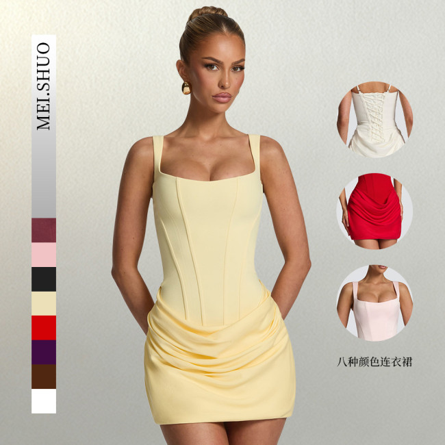 New European and American style square-neck sleeveless high-waisted short dress with tie straps, slim fit, elegant design, and three-dimensional pleated bodycon design