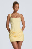 New European and American style square-neck sleeveless high-waisted short dress with tie straps, slim fit, elegant design, and three-dimensional pleated bodycon design