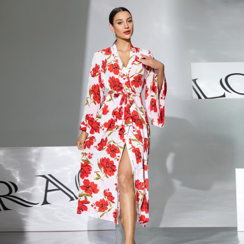 European and American style sexy nightgown with red floral print, four-way stretch, tie-waist, long cardigan, home wear 1139