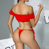 Sexy Hot Girl Polka Dot Mesh Off-Shoulder Lingerie Set with Tie-Up G-String Panties, Erotic Lingerie Set 026