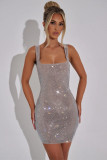 Rhinestone embellished solid color camisole dress for women, winter sexy backless sleeveless elegant waist-cinching dress, holiday style dress