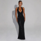 Deep V Sleeveless Halter Neck Dress for Women, Summer Sequin Backless Waist-Cinching Bodycon Dress, Vacation Style Dress