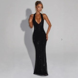 Deep V Sleeveless Halter Neck Dress for Women, Summer Sequin Backless Waist-Cinching Bodycon Dress, Vacation Style Dress