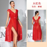 Sexy V-neck mesh nightgown with pearl decoration and slit, long style, European and American style women's sleepwear 1163