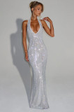 Deep V Sleeveless Halter Neck Dress for Women, Summer Sequin Backless Waist-Cinching Bodycon Dress, Vacation Style Dress