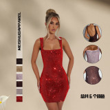 Rhinestone embellished solid color camisole dress for women, winter sexy backless sleeveless elegant waist-cinching dress, holiday style dress