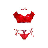 Sexy Hot Girl Polka Dot Mesh Off-Shoulder Lingerie Set with Tie-Up G-String Panties, Erotic Lingerie Set 026