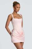New European and American style square-neck sleeveless high-waisted short dress with tie straps, slim fit, elegant design, and three-dimensional pleated bodycon design