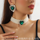 European and American luxury multi-layer faux pearl heart-shaped rose pink crystal choker necklace and earrings, fashionable and exaggerated statement necklace