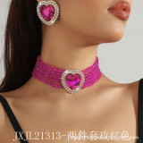 European and American luxury multi-layer faux pearl heart-shaped rose pink crystal choker necklace and earrings, fashionable and exaggerated statement necklace