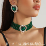 European and American luxury multi-layer faux pearl heart-shaped rose pink crystal choker necklace and earrings, fashionable and exaggerated statement necklace