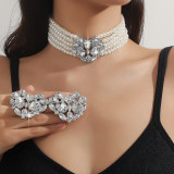 European and American luxury full-diamond large heart-shaped multi-layer pearl necklace and earrings, colorful crystal necklace, fashionable and exaggerated choker necklace