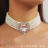 European and American luxury multi-layer faux pearl heart-shaped rose pink crystal choker necklace and earrings, fashionable and exaggerated statement necklace