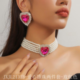 European and American luxury multi-layer faux pearl heart-shaped rose pink crystal choker necklace and earrings, fashionable and exaggerated statement necklace