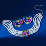 European and American luxury full-diamond large heart-shaped multi-layer pearl necklace and earrings, colorful crystal necklace, fashionable and exaggerated choker necklace