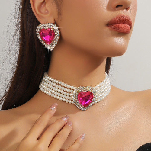 European and American luxury multi-layer faux pearl heart-shaped rose pink crystal choker necklace and earrings, fashionable and exaggerated statement necklace