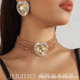 European and American luxury multi-layer faux pearl heart-shaped rose pink crystal choker necklace and earrings, fashionable and exaggerated statement necklace
