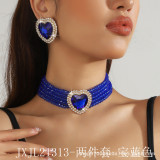 European and American luxury multi-layer faux pearl heart-shaped rose pink crystal choker necklace and earrings, fashionable and exaggerated statement necklace