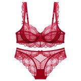 European and American Sexy Lingerie for Women, Ultra-thin Hollow-out No Sponge Transparent Lace Lingerie, Large Bust Minimizer Plus Size Bra Set