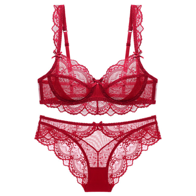 European and American Sexy Lingerie for Women, Ultra-thin Hollow-out No Sponge Transparent Lace Lingerie, Large Bust Minimizer Plus Size Bra Set