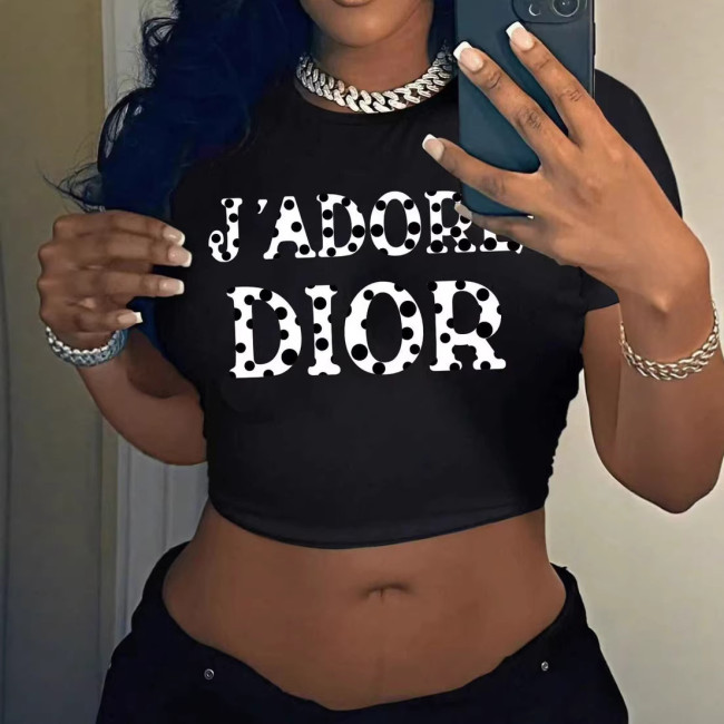 0604091 New European and American street style colorful letter print short T-shirt top with exposed navel