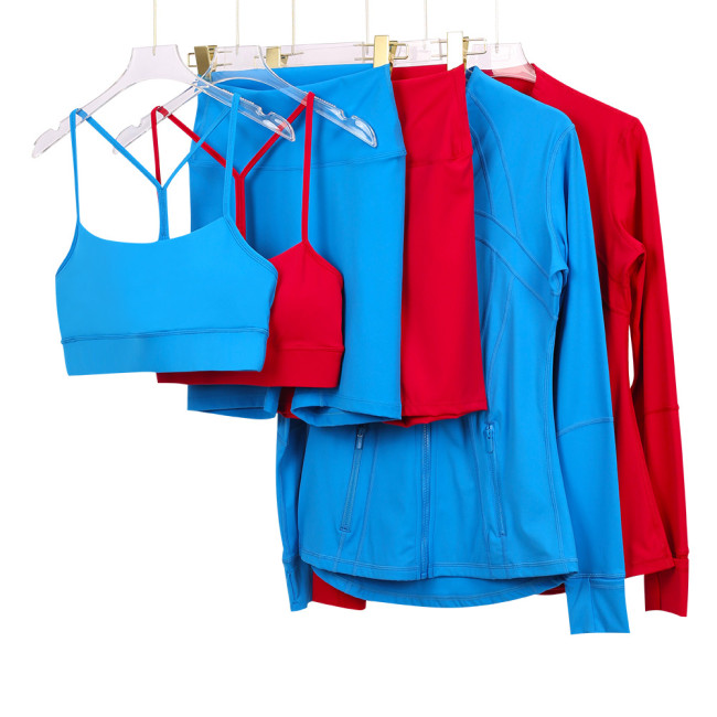 In-stock  three-piece sports set: capri pants, jacket, Y-back bra, for fitness and yoga with a naked feel