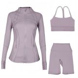 In-stock  three-piece sports set: capri pants, jacket, Y-back bra, for fitness and yoga with a naked feel