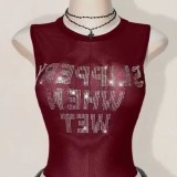 FC1474 European and American cross-border women's clothing sexy hot girl sleeveless round neck letter rhinestone cropped camisole sexy tank top